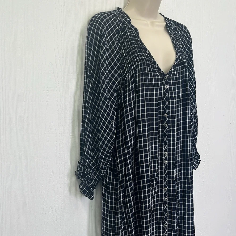 Anthropologie - Maeve Sara Navy Blue Windowpane Plaid Midi Dress Size Medium - Picture 4 of 15